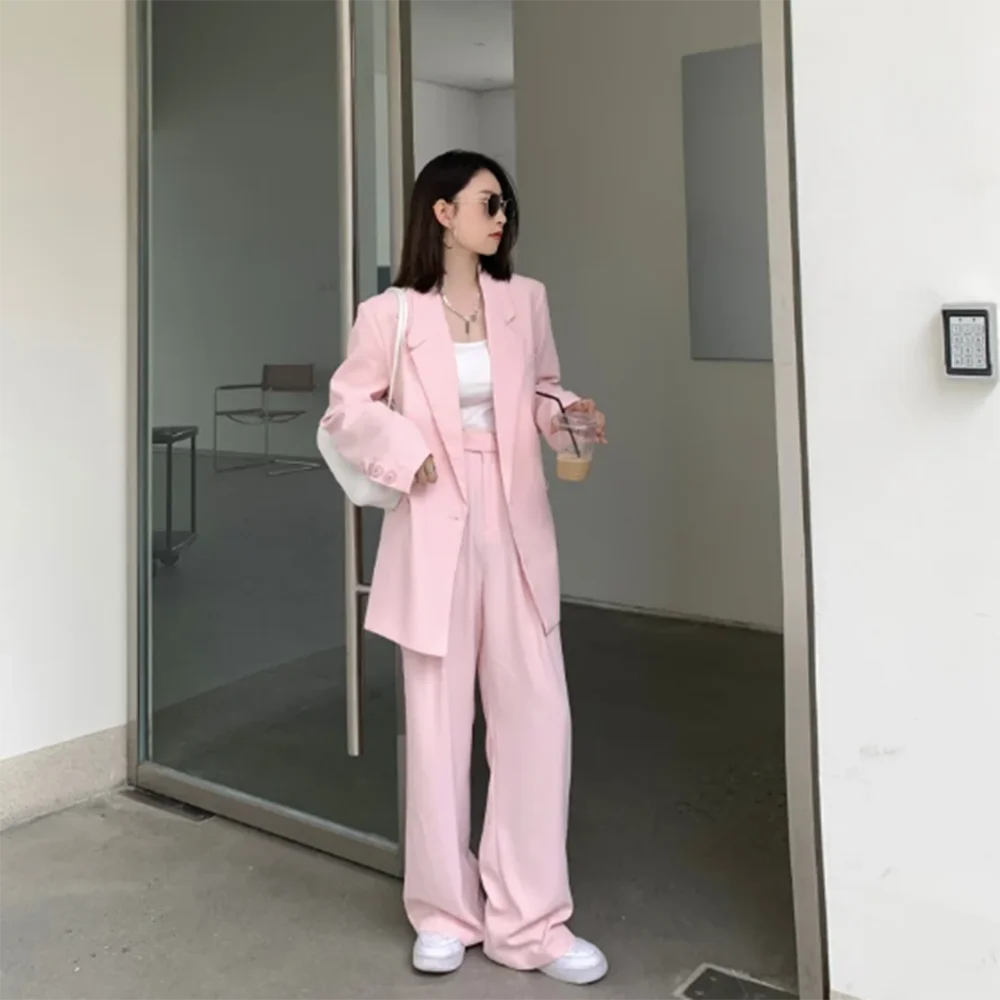 Fashion Black and Pink Women Suits Single Breasted 2 Piece Jacket Pants Female Clothing Loose Elegant Office Lady Blazer Set