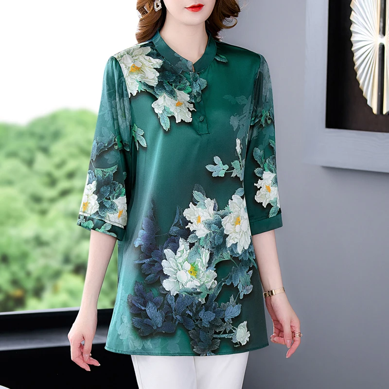 2024 High Quality Green Floral Silk Blouses Summer Fashion Light Casual Top Shirts Women Korean Elegant Loose Luxury Top Coat