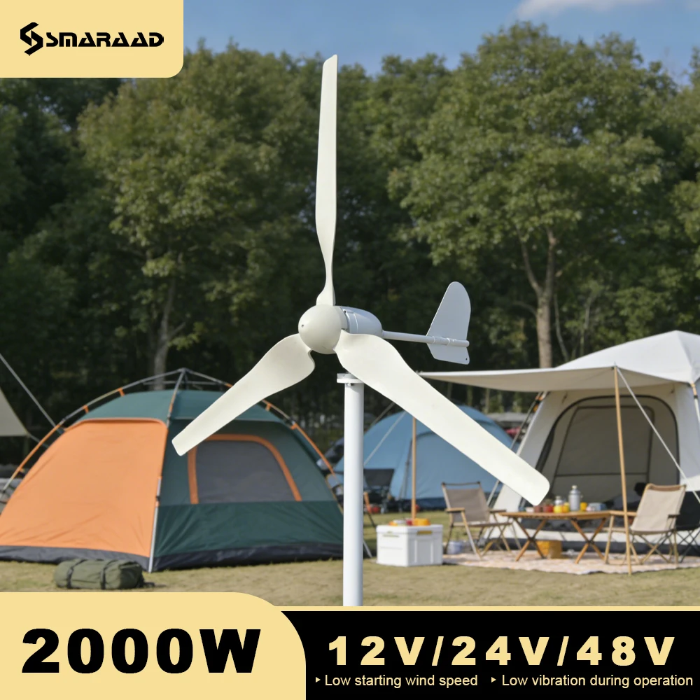 2000W 2KW Horizontal Axis Wind Turbine 12V 24V 48V Wind Generator CE Certified Free Energy Low Speed Start Off Grid for Home Use