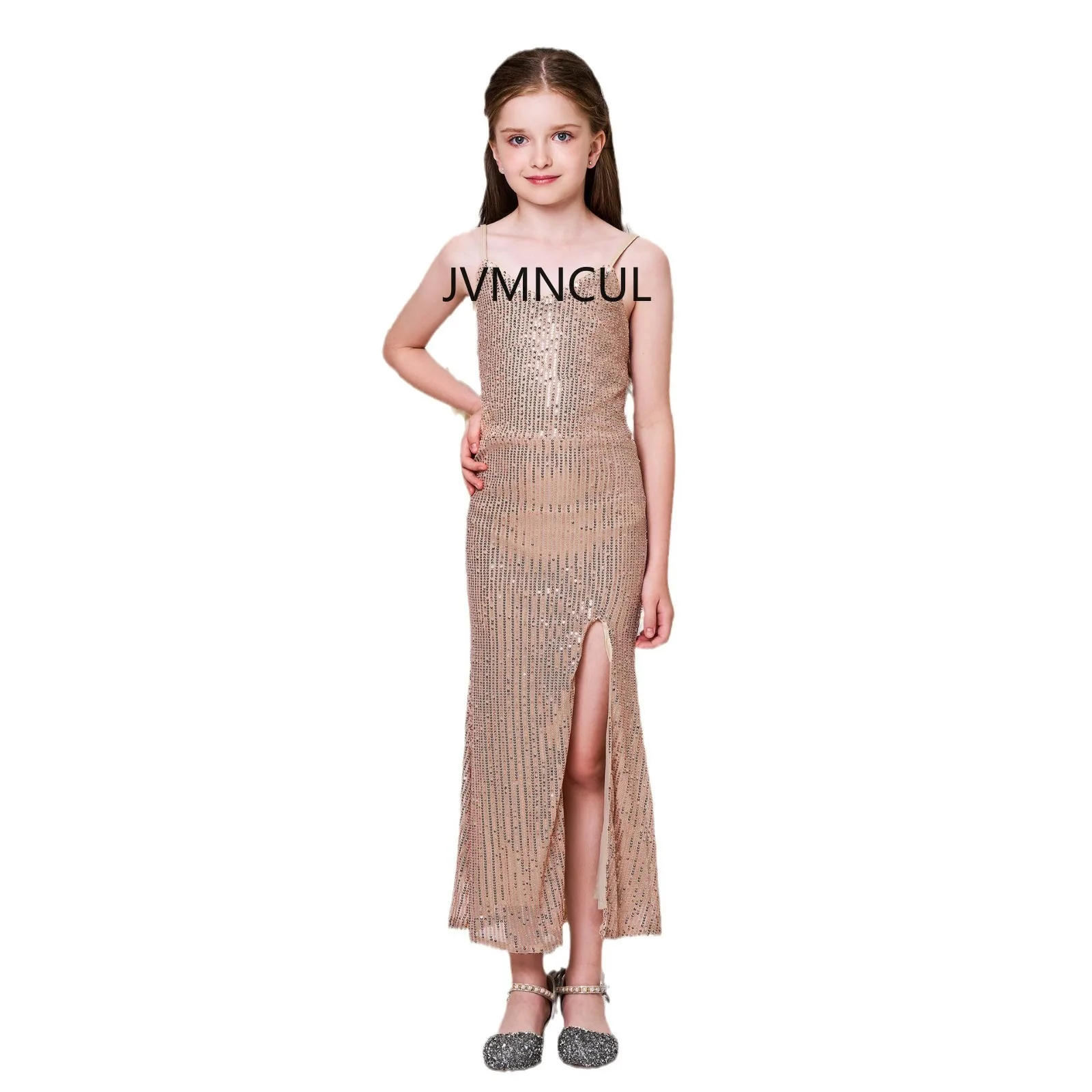 Sparkling Sequin Evening Dress Princess Ball Gown for Children, Europe-America Fashion Show Host Small Strap Performance Gown