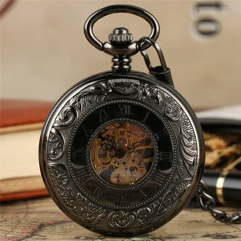 Retro Men Women Handwinding Mechanical Pocket Watch Luxury Skeleton Necklace Pendant Chain Clock Double Hunter Watches Gifts