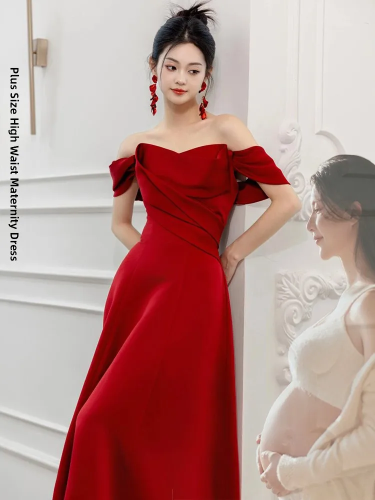 

Wine Red Satin One oulder Bridal ower Gown Long Evening Dr for Pregnant Women plus Size Engagement Par Dres