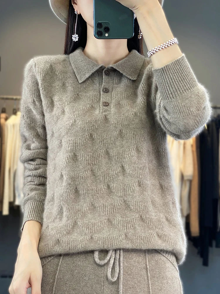 Fashion 100% Wool Women\'s Sweater POLO Neck Pullover LongSleeve Top Knitwear Thick Warm Soft Comfortable Jacquard Weave Cardigan