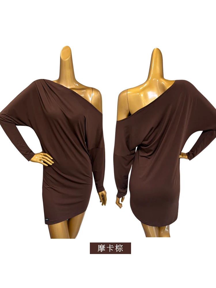 2023 neue Latin Dance Kleid Für Frauen Lange Ärmeln Schräge Schultern Lose Fit Kleid Chacha Rumba Tango Praxis Kleidung DQS21035