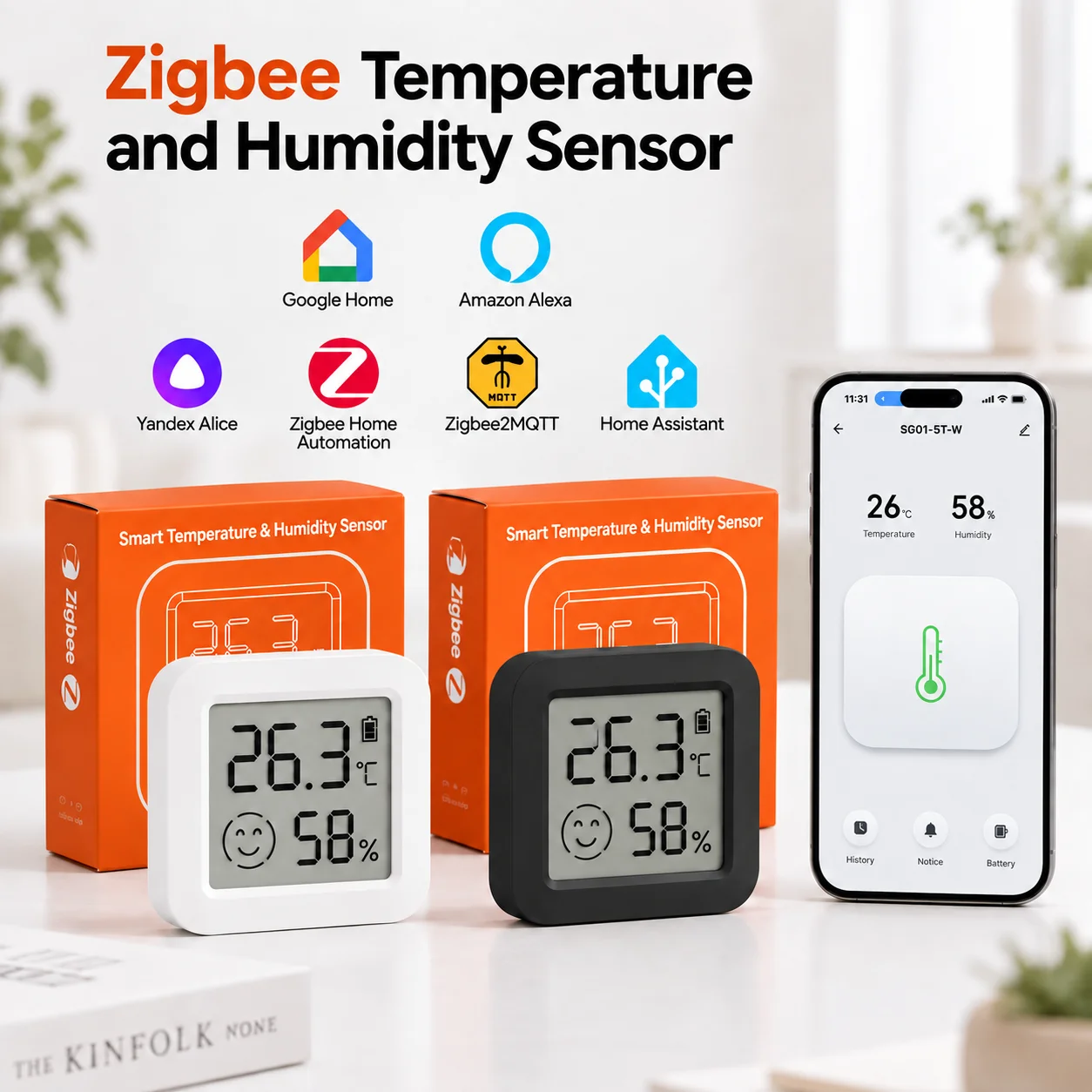Zigbee 3.0 Temperatur- und Feuchtigkeitssensor mit LCD-Anzeige, kompatibel mit Home Assistant, Zigbee2MQTT, Alexa, Google Home und Smart Life.