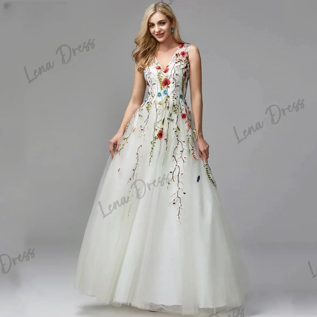 

Lena-2024 Sweetheart V-neck Tulle Evening Dress White Flower Formal Occasion Party Dress Vestido De Festa