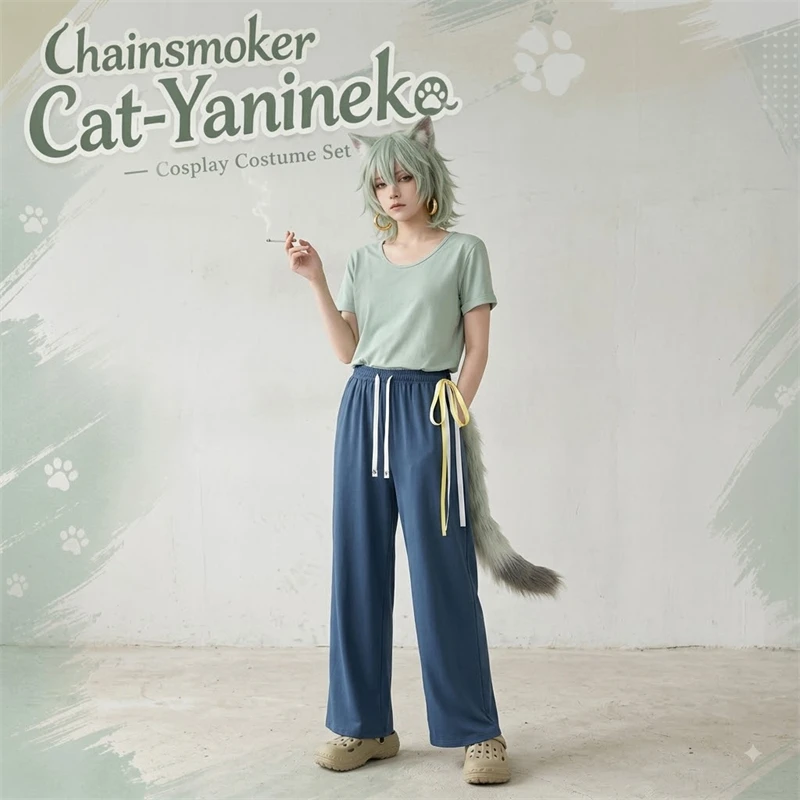 Anime Chainsmoker Cat Costume Yani Neko Yanineko Cosplay Mint Green Wig T-Shirt Furry Earwear Tail Pants Full Set Halloween