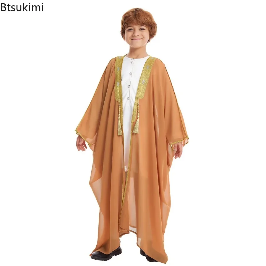 2025 Muslim Open Abayas Saudi Arab Boys Robe Kids Tassel Embroidered Kaftan Prayer Gown Teenage Dress Middle East Islam Clothing