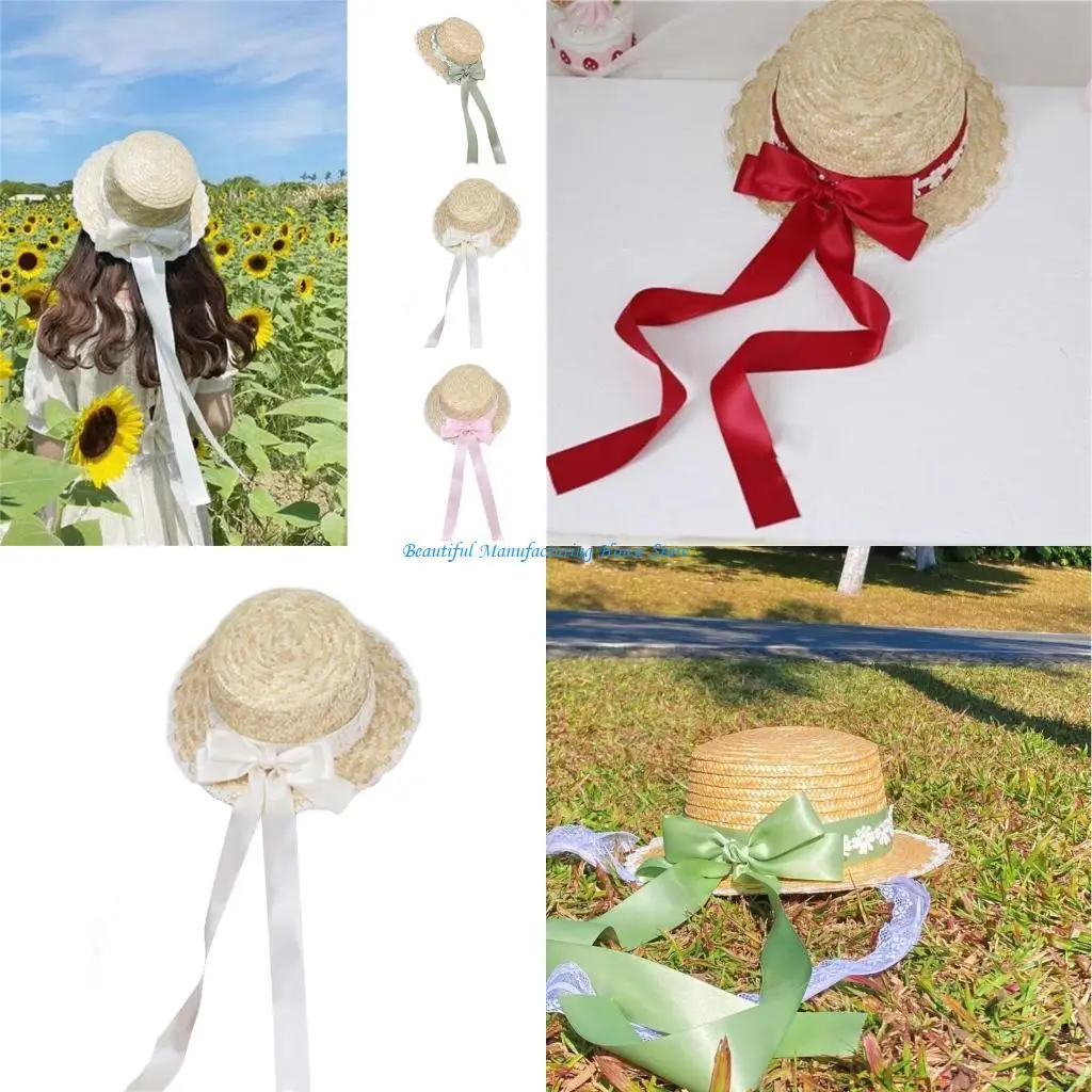 

E56A Bows Straw Hat Straw Beachs Hat Wide Straw Boater Hat Women Ribbon Straw Hat
