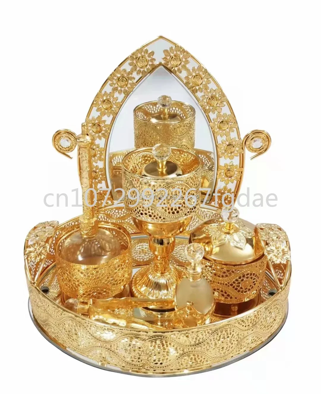 Home Decoration Metal Essential Oil and Reflux Incense Burner Diffuser Gold Decoration Process Set, with Mirror Tray