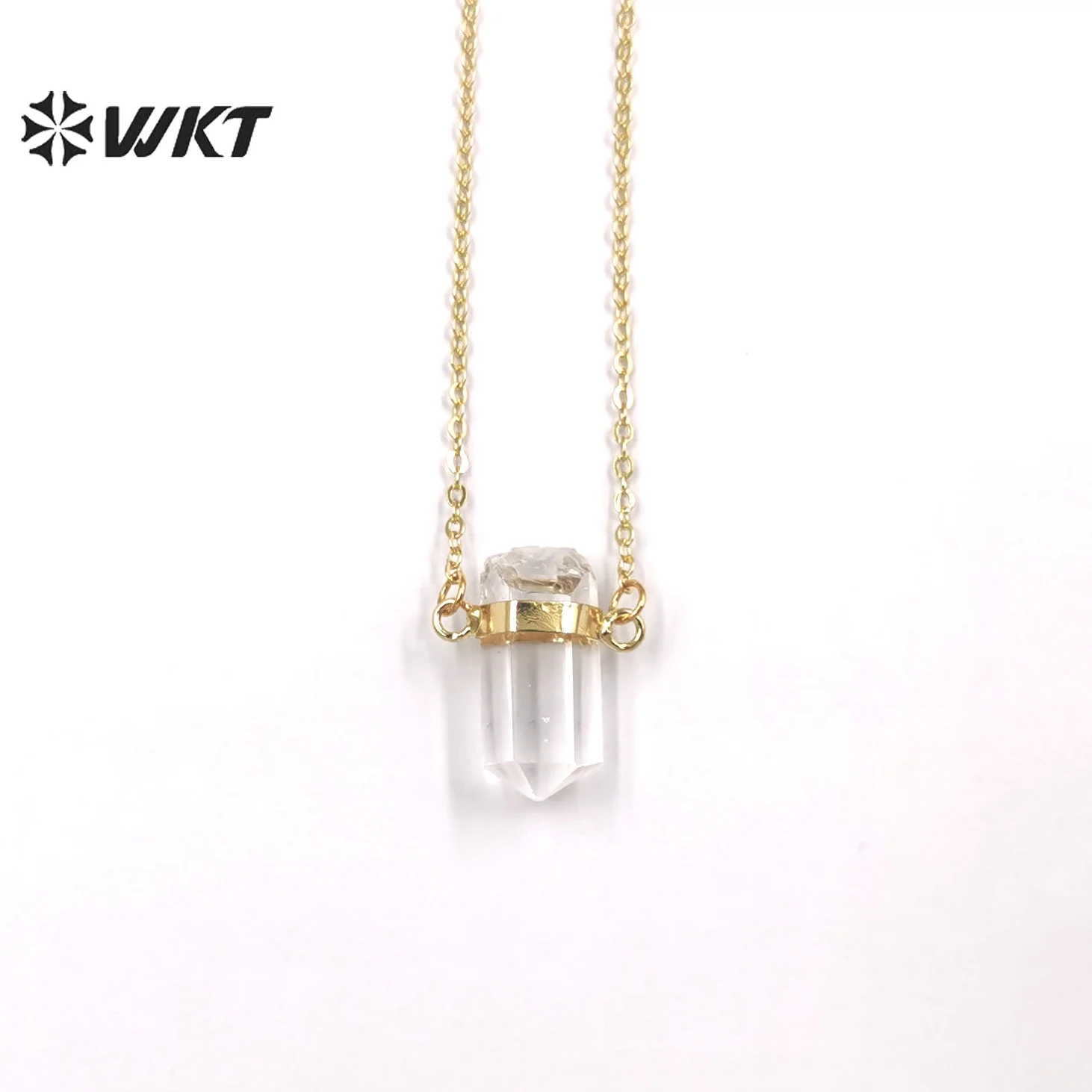 WT-N1378 WKT exclusive Amazing gold bezel double loops gemstone quartz point pendant necklace Lady charming tiny hexagona stone