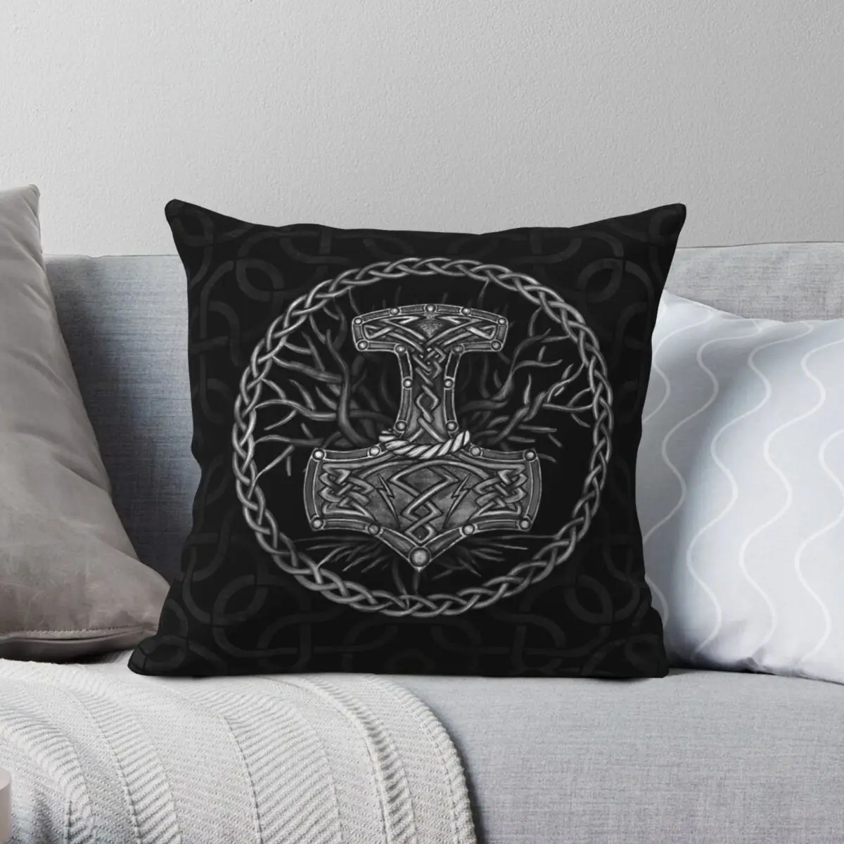 Mjolnir Hammer Of Thor Tree Of Life Pillowcase Polyester Linen Velvet Printed Zip Decorative Pillow Case Car Cushion Cover 18