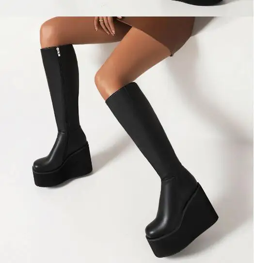 

Girls All Black White Leather Round Toe Platform Wedges Zipper Side Slim Knee High Boots Women Winter Warming Long Botas Shoes