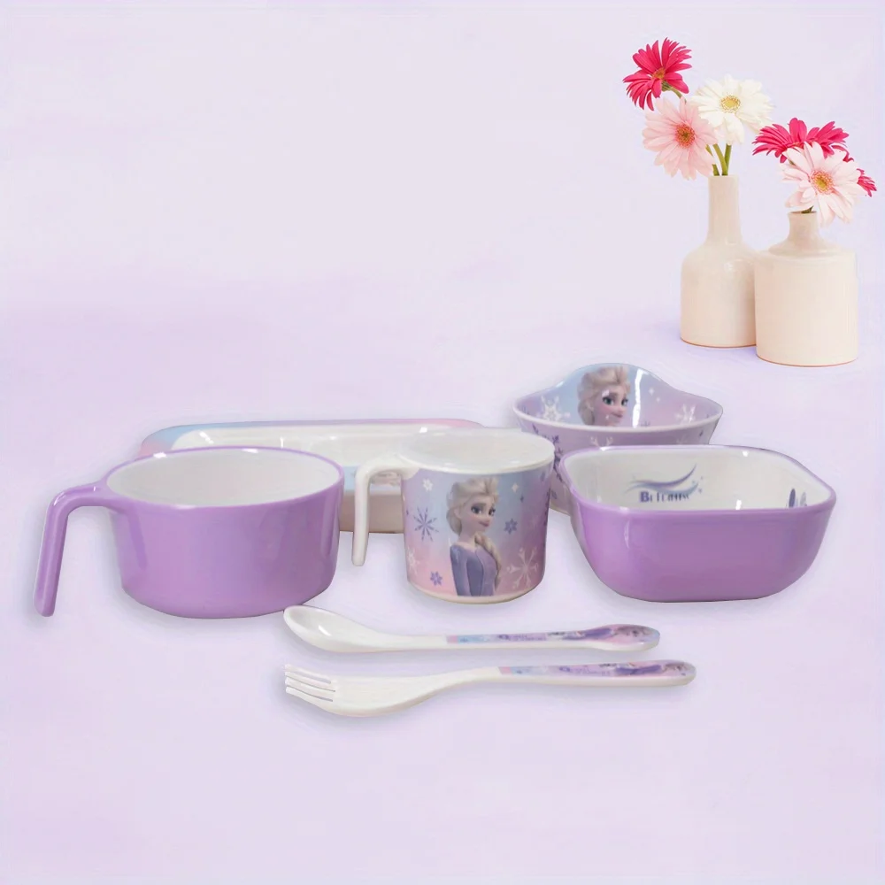 1pc Disney cartoon Purple Elsa Set di stoviglie piatti ciotola e tazza e forchetta e cucchiaio, set di stoviglie natalizie per la cena in famiglia