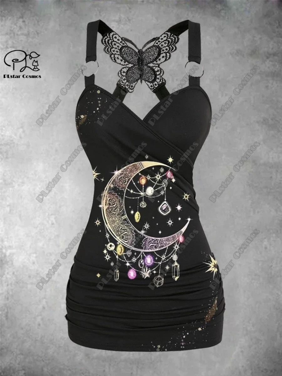 PLstar Cosmos New 3D Printed Women's Moon Art Retro Print Butterfly Vest + Wide Leg Pants Two-piece Set