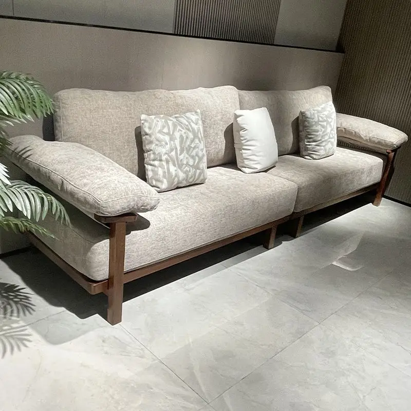Simple Modern Walnut Sofa Small Apartment Living Room Household All Solid Wood Sofa Cotton And Linen Fabric Straight Row Four Pe