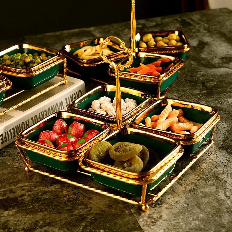 Northern Europe Dark Green Snack Platter Ceramics Dried Fruit Bowl with Metal Base Double Layer Plate Tableware
