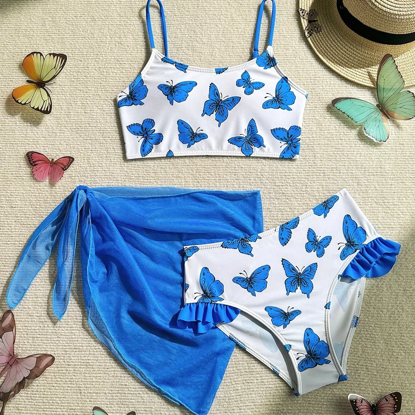

Детский купальник для девочек 8-12 лет, комплект из 3 предметов: бикини с принтом бабочки, юбка и накидка для плавания