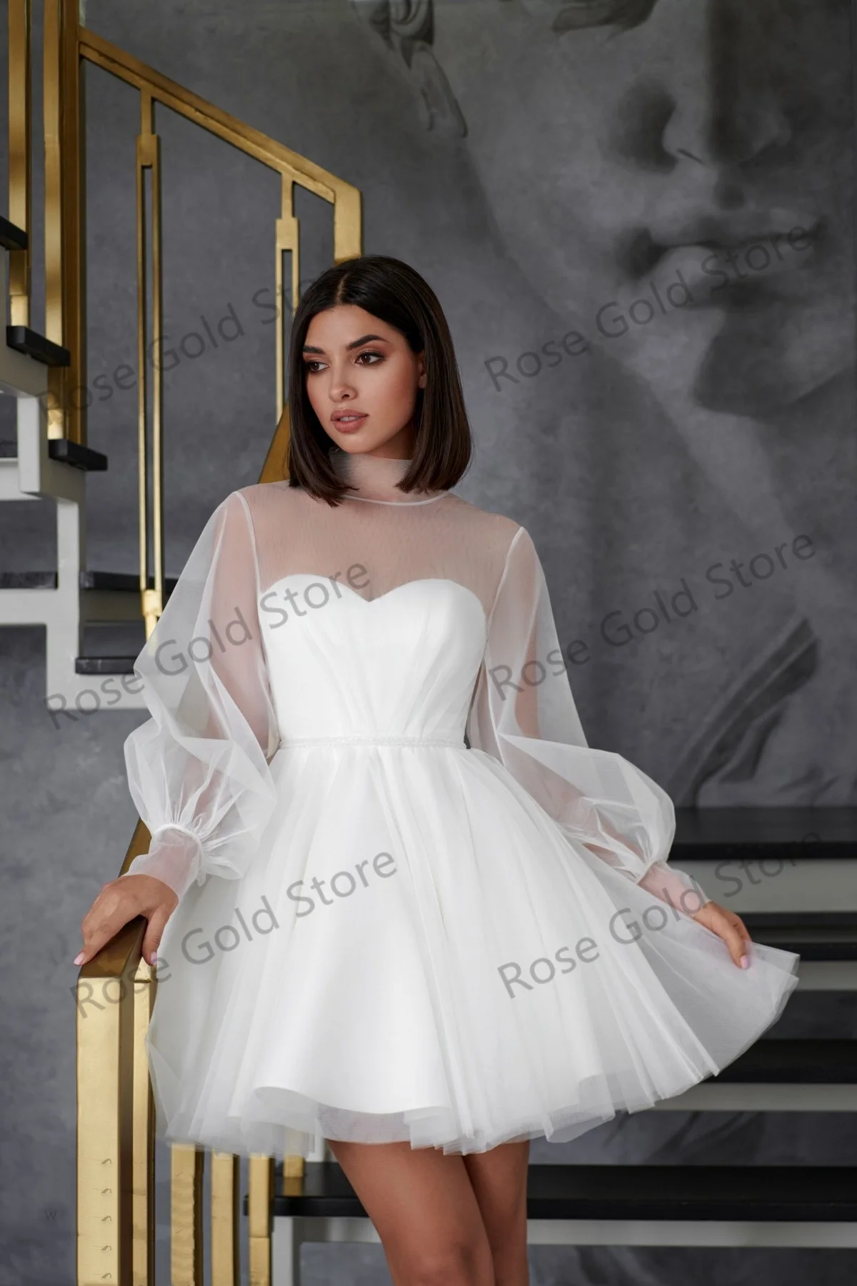 Abiti da sposa a maniche lunghe in Tulle a rete abiti da sposa corti colletto alto Chic abiti da festa su misura De Novia