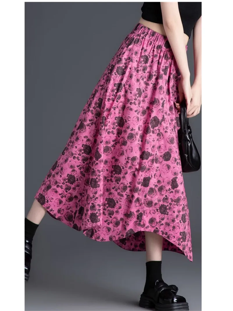 Spring New Rose Skirts Women Fuschia A-Line Beautiful Flower Print Wavy Edge Sundresses Vintage Y2K Ladies Casual Vestidos robe