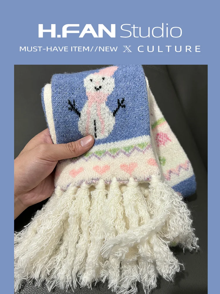 

Thiened Tassel Scarf Women's Winter Warm Cisas Birthday Gift Student Faion Ne Warmer Cute Snowman Cartoon Pattern