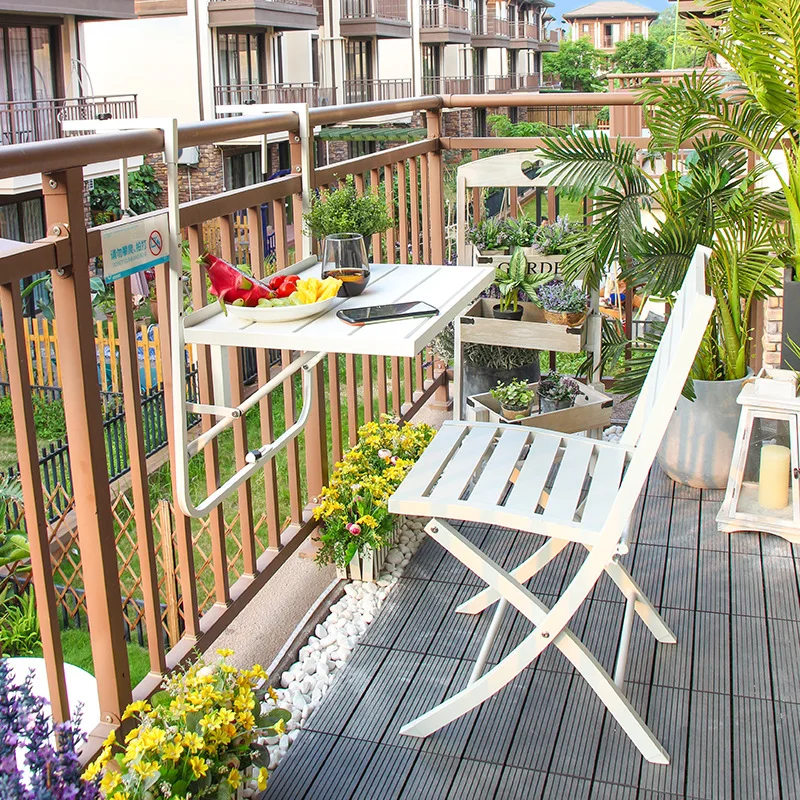 

Balcony railing hanging table Iron art household light hanging small table Leisure foldable hanging table