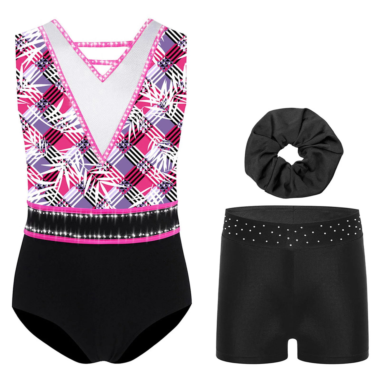 

Lyrical Girls Figure Skating Dance Costumes Ballet Leotard with Shorts And Headwear Outfit for Ballet Yoga Dance Performance