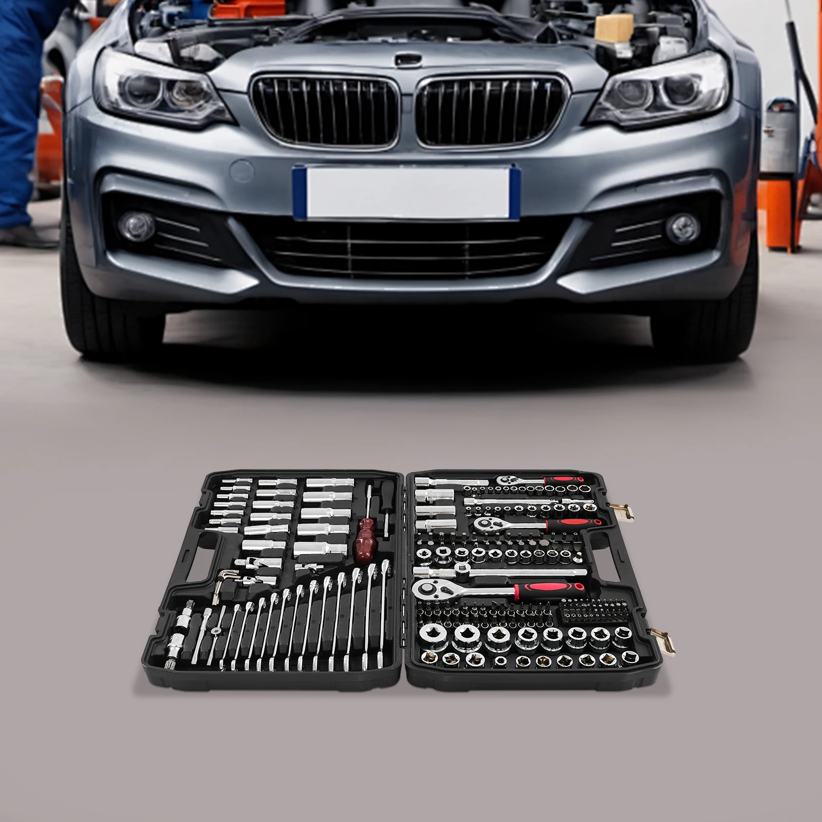 Zestaw kluczy nasadowych z grzechotką, stalowy, czarno-czerwony, 216 elementów, prostokątny, do narzędzi stolarskich, budowlanych