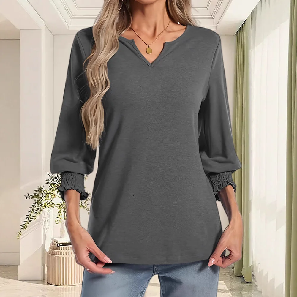قميص نسائي بياقة على شكل V وأكمام 7/4 فضفاضة بأكمام منتفخة من نسيج البوليستر السميك موضة صيفية للسيدات #3