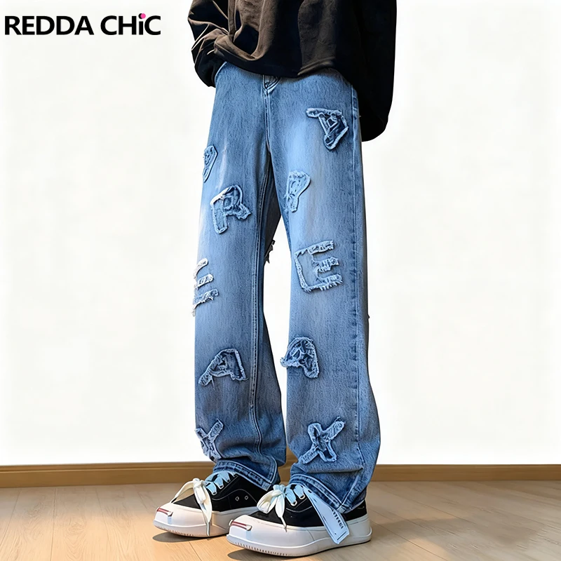 

REDDACHIC Letter Patched Men's Straight Jeans Plus Size Distressed Pockets High Rise Realaxed Casual Wide Pants Retro Streetwear