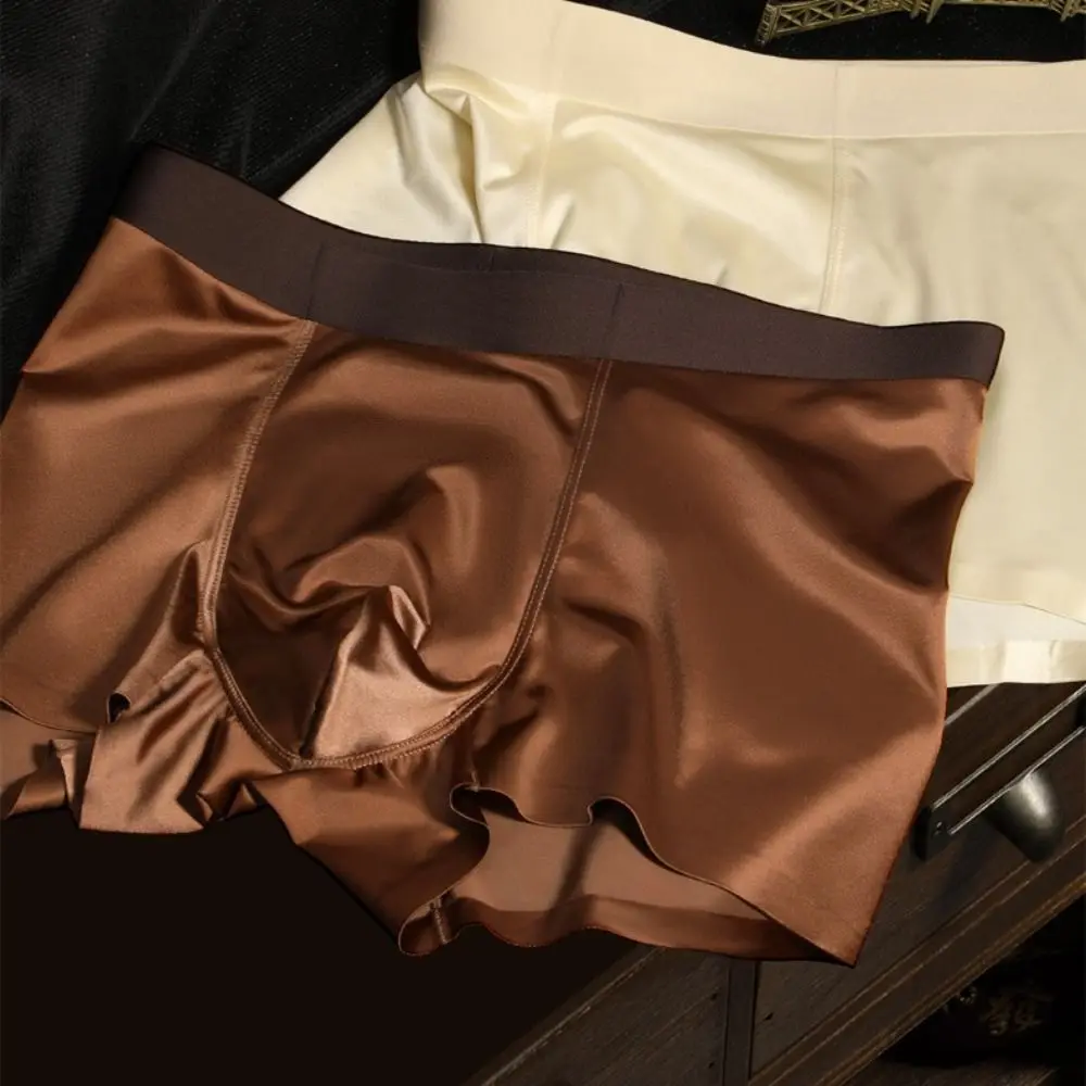 

Breathable Thin Satin Silk Boxer Briefs Seamless Mid Waist Ice Silk Boxers Lingerie Underpants Underwear for Men Gifts