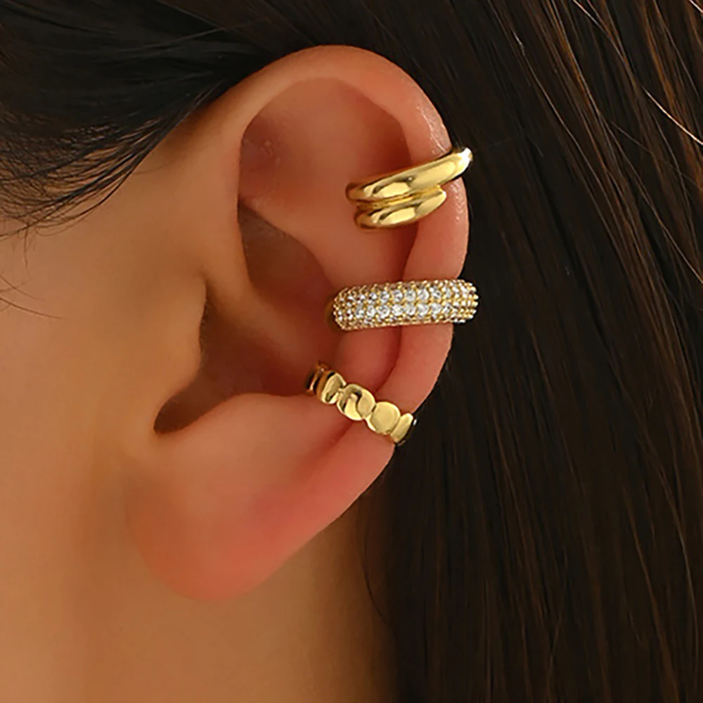 1PC Gold Color Stainless Steel Zircon Clip Earrings Punk Ear Cuff No Piercings Fake Cartilage Ear for Women 2025 Fashion Jewelry