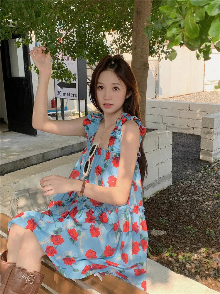 Summer Holiday Y2K Girl Flower Print Mini Dress Fashion Loose Seaside Beach Short Dress Retro Square Collar Ruffles Tank Dress