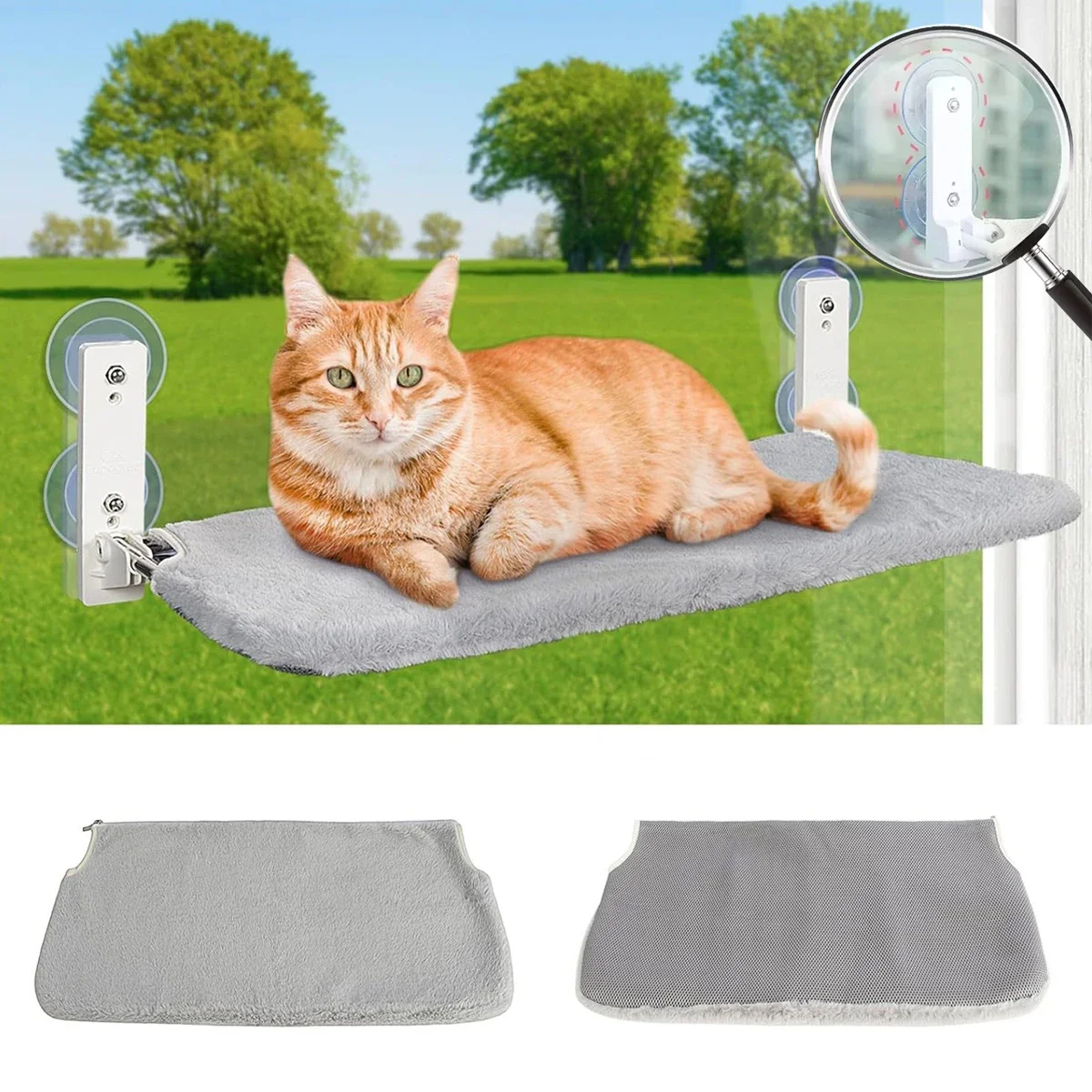 Foldable Hanging Window Hammock Cat Bed W/Sturdy Metal Frame Cat's House with Warm Fleece & Powerful Suction Cup Cat Accessories