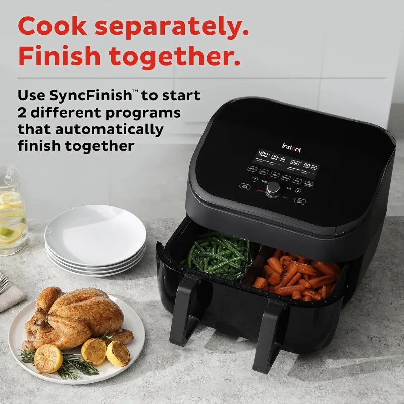 

9QT Air Fryer, 8-in-1 Functions , Crisps, Broils, Bakes, Roasts, Dehydrates, Reheats at Same or Different Temperature, Black