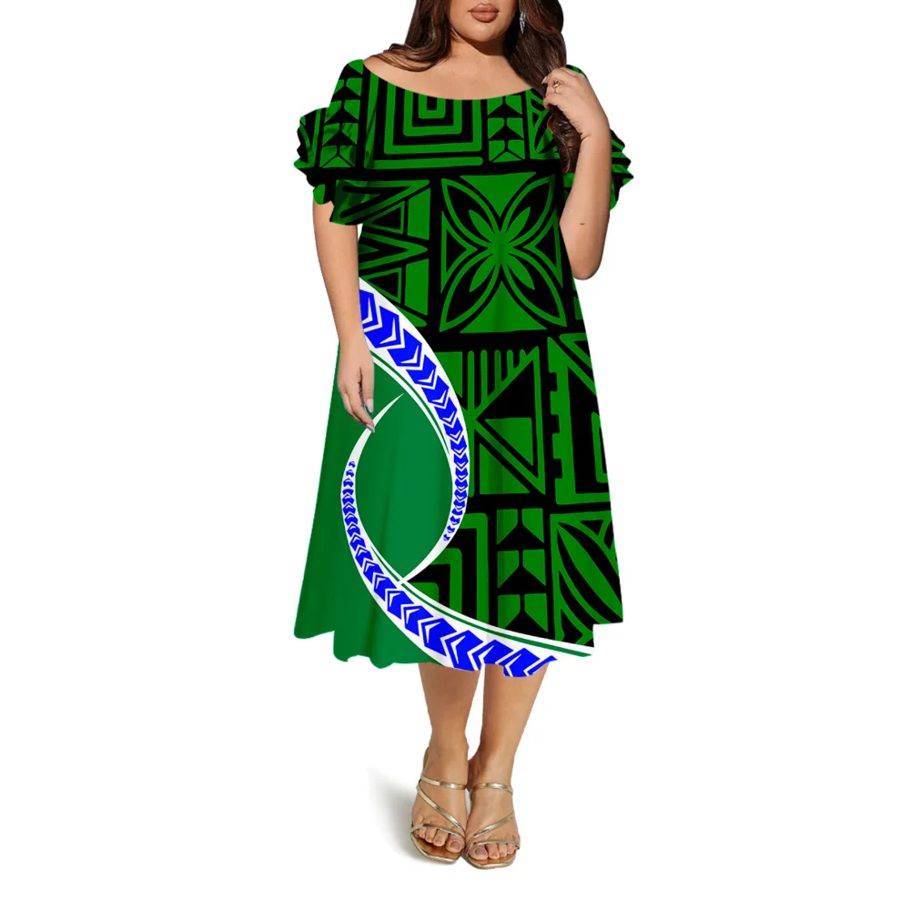 The Newly Designed Women'S Short-Sleeved Round-Neck Long Dress With One-Shoulder Features A Polynesian Island Design Pattern