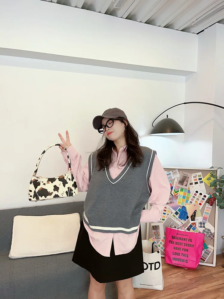 

plus Size Knitted Vest V-Ne Spring 2024 Retro College Sle Girls Outerwear Faionable Commute Pure Color Polyester Blend