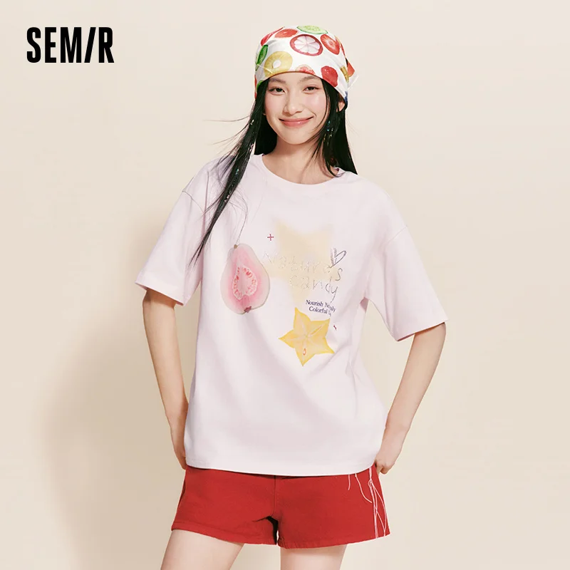 Semir Women Tshirt Cotton Hot Drilled Fruit Pattern Midi Length Loose Pullover Lazy Sweet 2026 Summer Casual Top