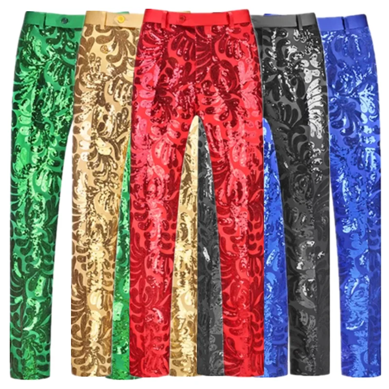 High Quality Men's Luxurious Sequined Suit Pants Gold / Green / Red Fashion Male Wedding Dance Party Slim Fit Trousers