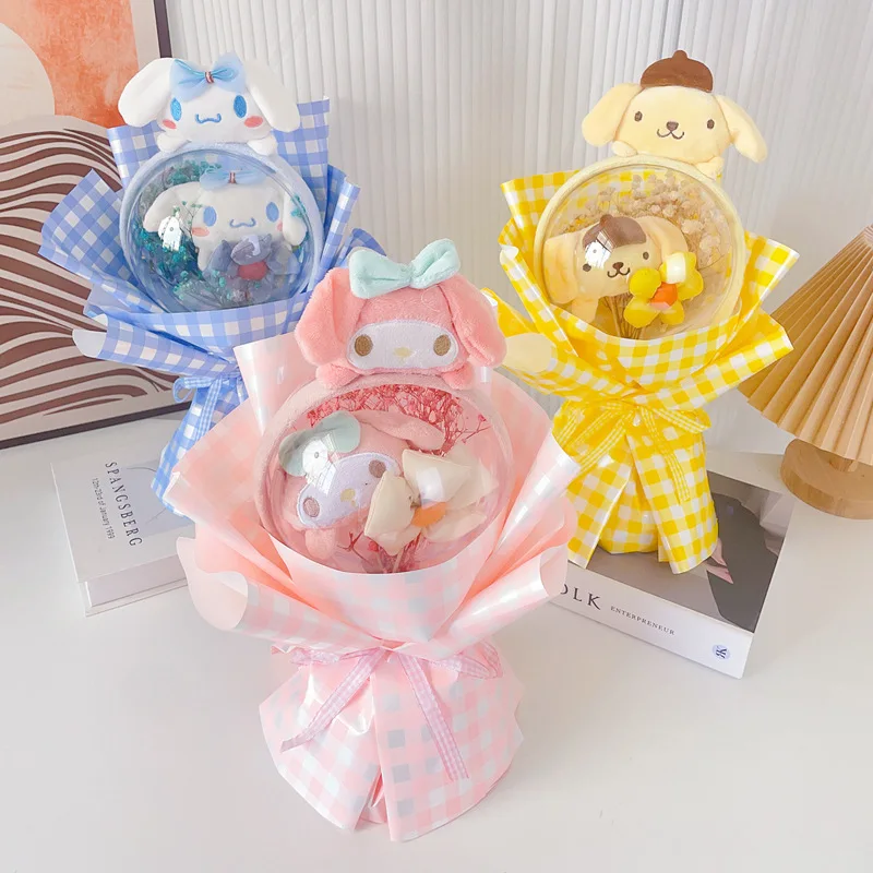 Cartoon Stuffed Flower My Melody Kuromi Pom Pom Purin Bobo Ball Plush Doll Sanrio Series Finished Bouquet Creative Birthday Gift