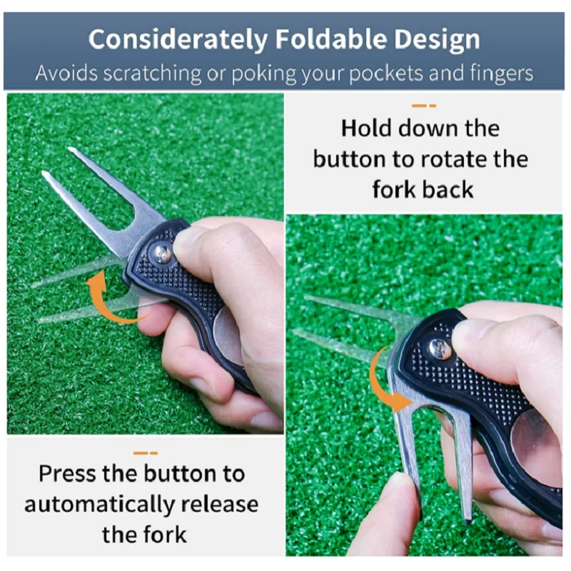 Foldable Golf Divot Repair Tool with Magnetic Ball Marker and Pop-up Button Green Tool Accessories with Metal Fork Tine