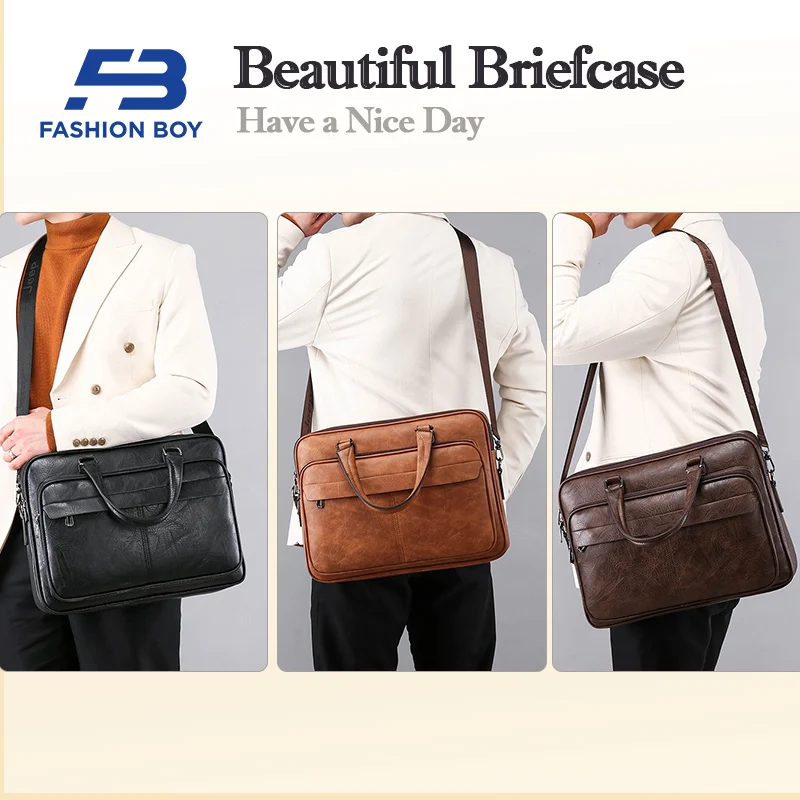 [FASHION BOY] Luxury Designer Brand Briefcase 14-inch Laptop Bags Leather Handbag Men