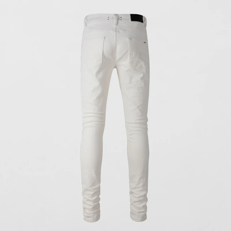 Fashionable new men's jeans, washed with water, nostalgic stretch, slim fit, white jeans, high street hip-hop brand pants, hombr