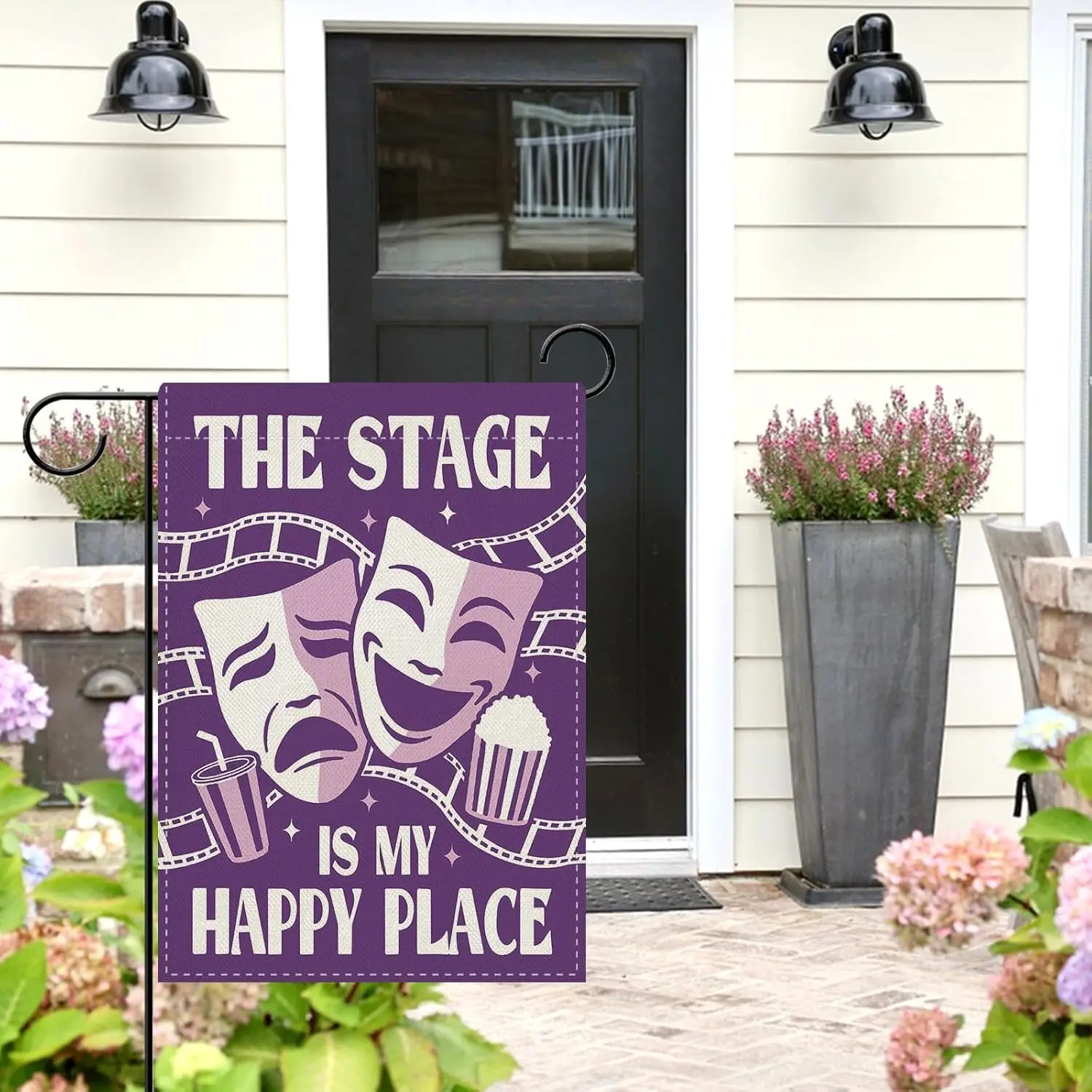 Dyrenson The Stage is My Happy Place Theater Garden Flag, Purple Drama Comedy Tragedy Mask Popcorn Film Reel Yard Outside Ho view 6