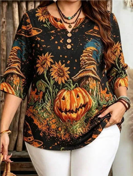 Plus Size Women 3/4 Sleeve V‑Neck Blouse Sunflower Pumpkin Witch Hat Maple Leaf Print Loose Fall Casual Tops