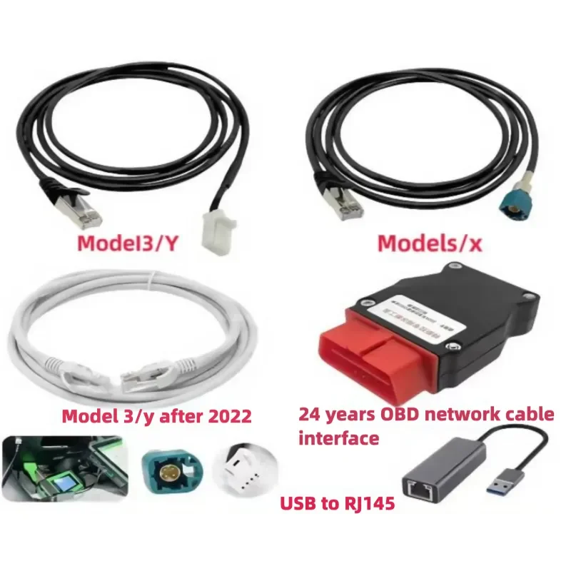 Cabo 5 em 1 para Tesla Model 3/Y e Model S/X, Cabo OBD de 24 pinos, Ferramentas Especiais de Diagnóstico e Programação, Cabo USB para RJ145