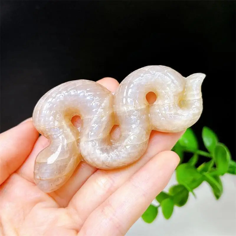 8CM Natural Moon Stone Snake Carving Statue Handmade Crafts Healing Crystal Ornament Room Decorate Gift 1Pc