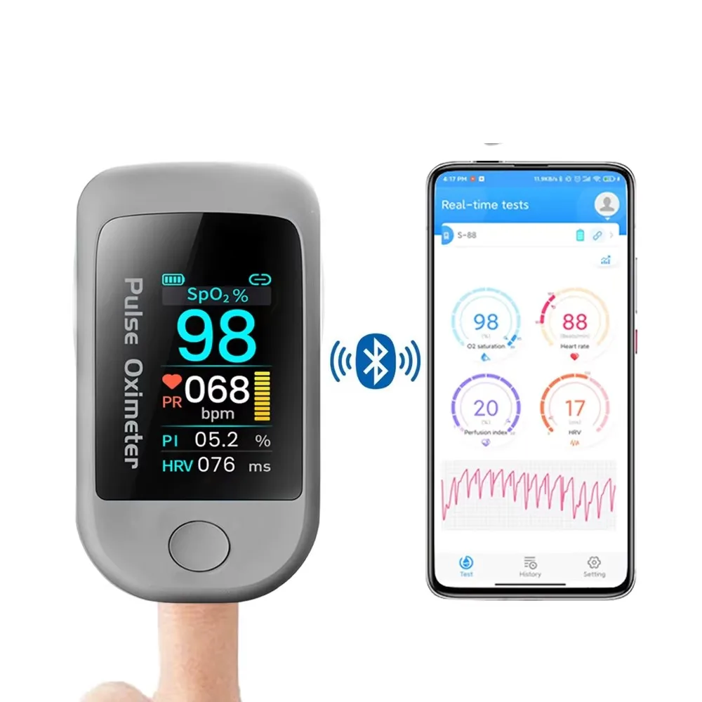 บลูทูธปลายนิ้ว Pulse Oximeter HRV SpO2 เครื่องวัดออกซิเจนในเลือด Heart Rate Saturation Monitor สมาร์ท Medical Finger Oximetro