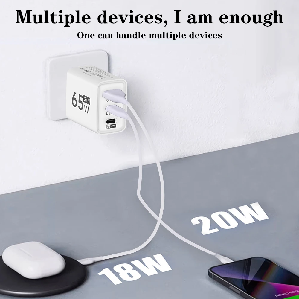 3 Ports 65W GaN PD USB C Fast Charger Quick Charge3.0 EU US Plug Wall Adapter For iPhone Samsung Xiaomi Huawei For Phone Charger