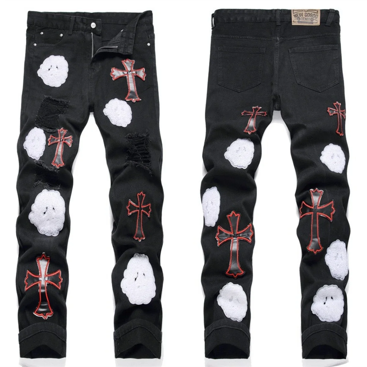 

Cross Leather Embroidered Jeans Men Island Pattern Small Foot Slim Fit Perforated Pants Hole Worn Loose Vintage Stretch Street 2